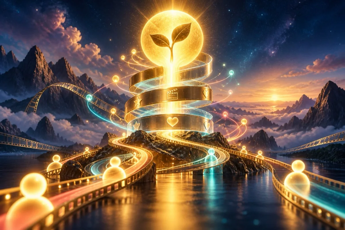 A glowing project beacon rising through rings of collective support