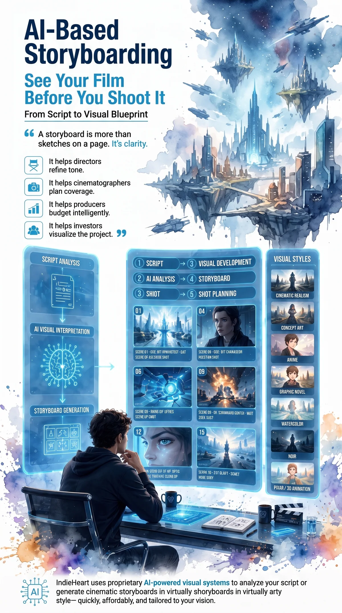 Screenplay analysis translated into cinematic film storyboard frames