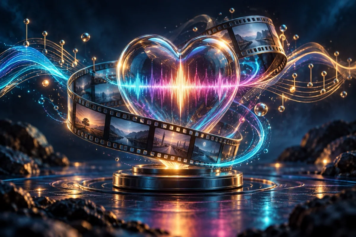 A radiant sonic pulse flowing through a heart and cinematic filmstrip