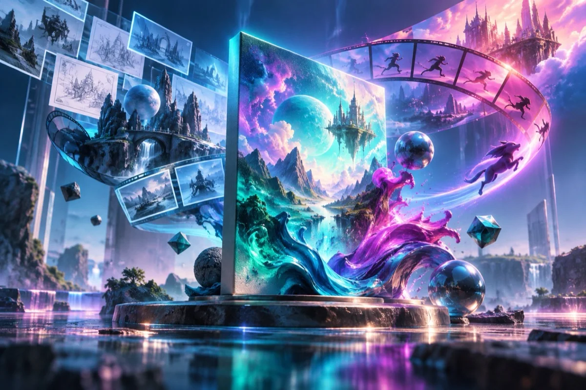 A dimensional canvas unfolding into storyboards, concept art and animation