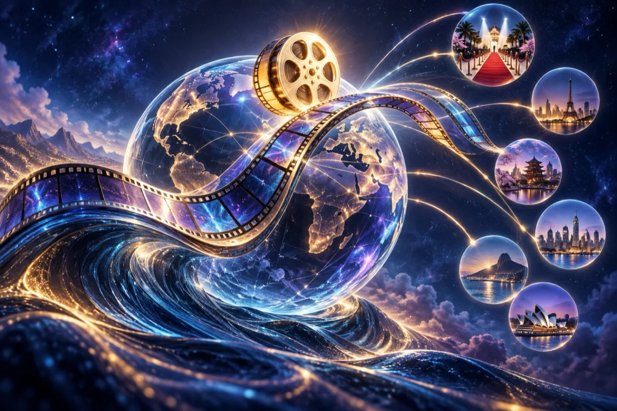 A luminous cinematic wave carrying a film toward global destinations
