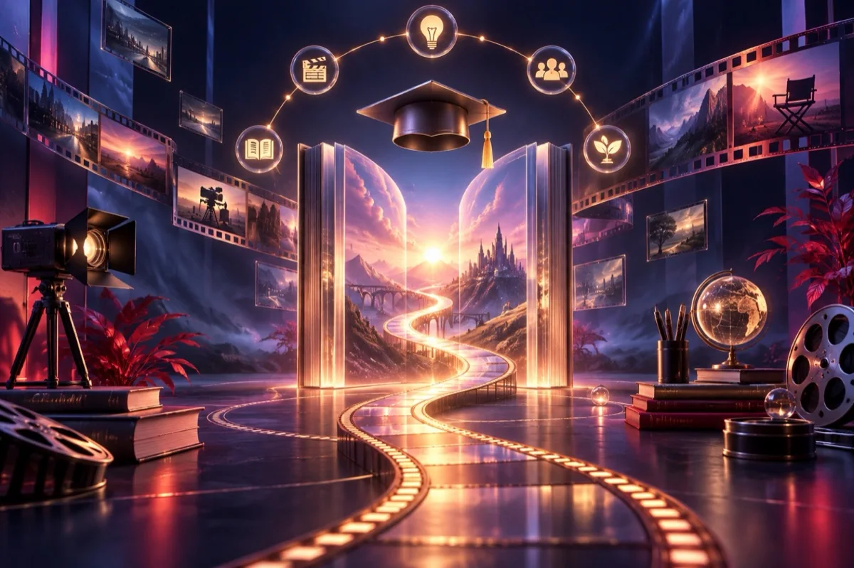 A cinematic learning portal opening onto a path through the filmmaking journey