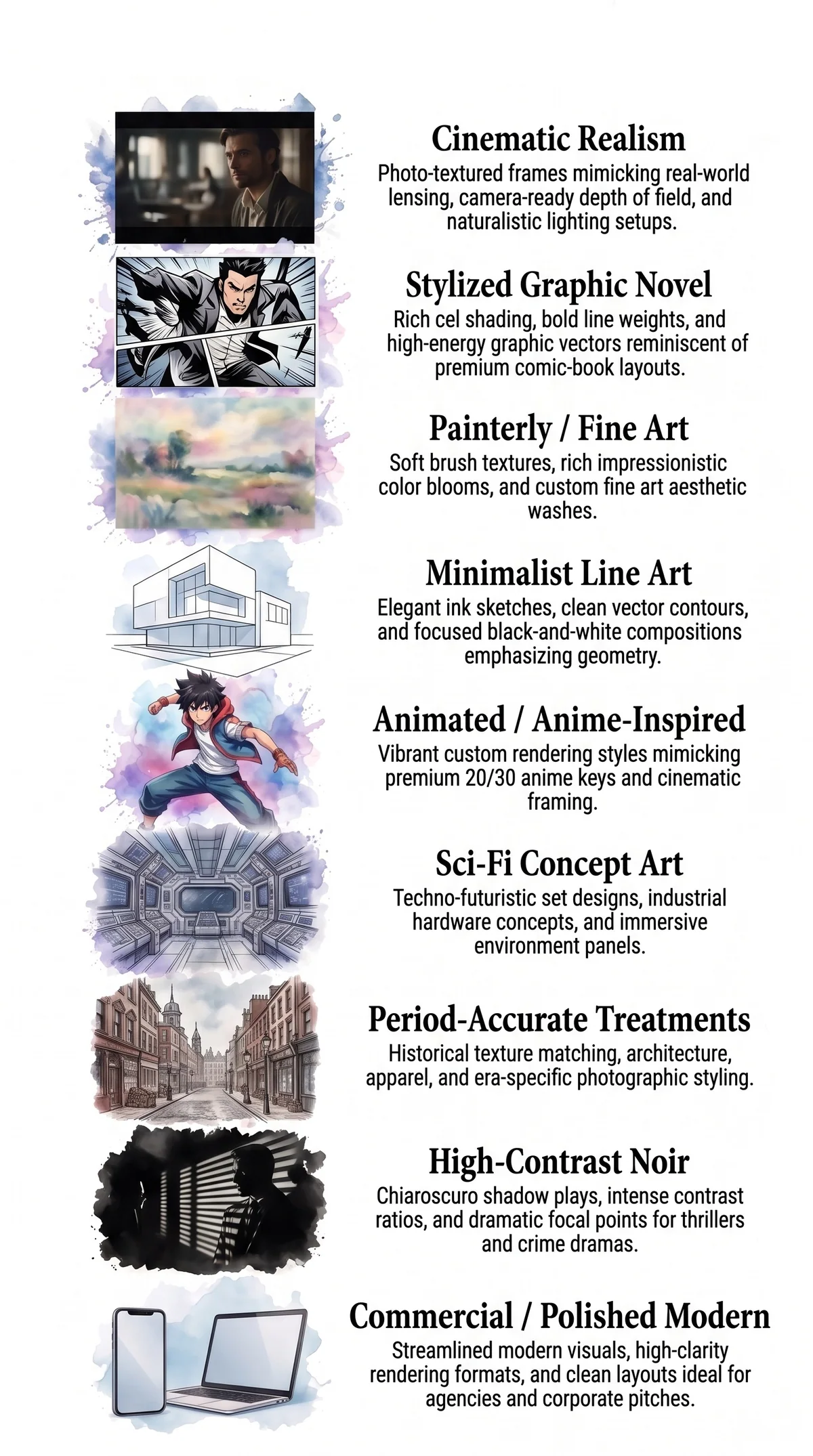 Film storyboards developed in visual styles and tones matched to the screenplay
