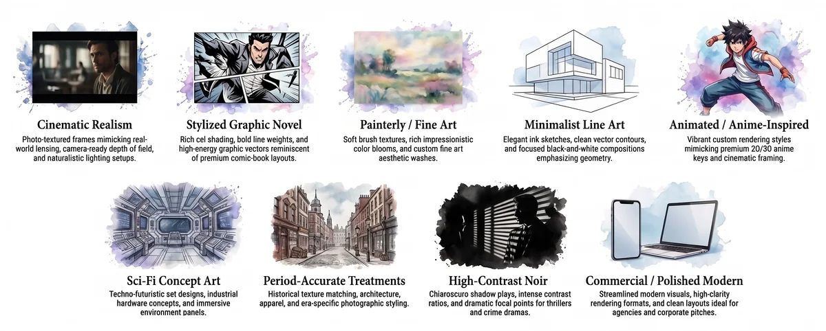 Film storyboards developed in visual styles and tones matched to the screenplay