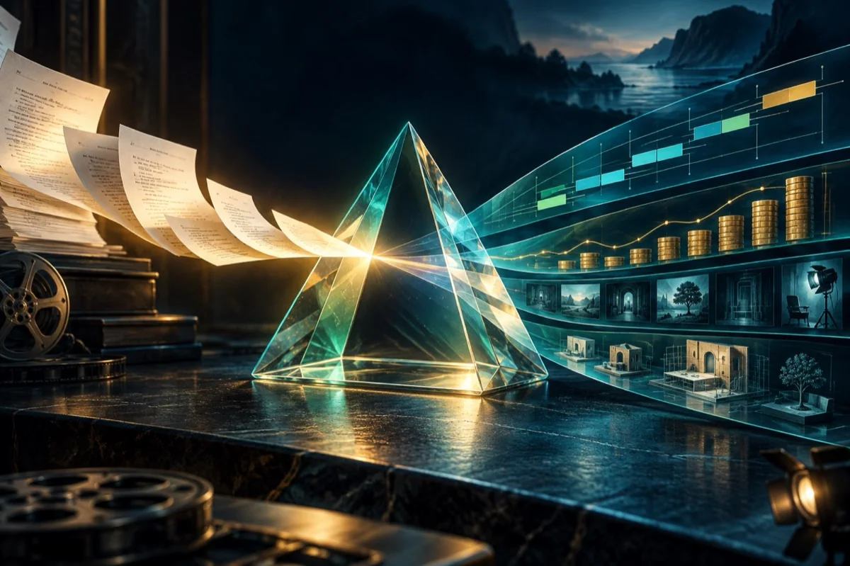 Screenplay pages passing through a prism into a precise production plan