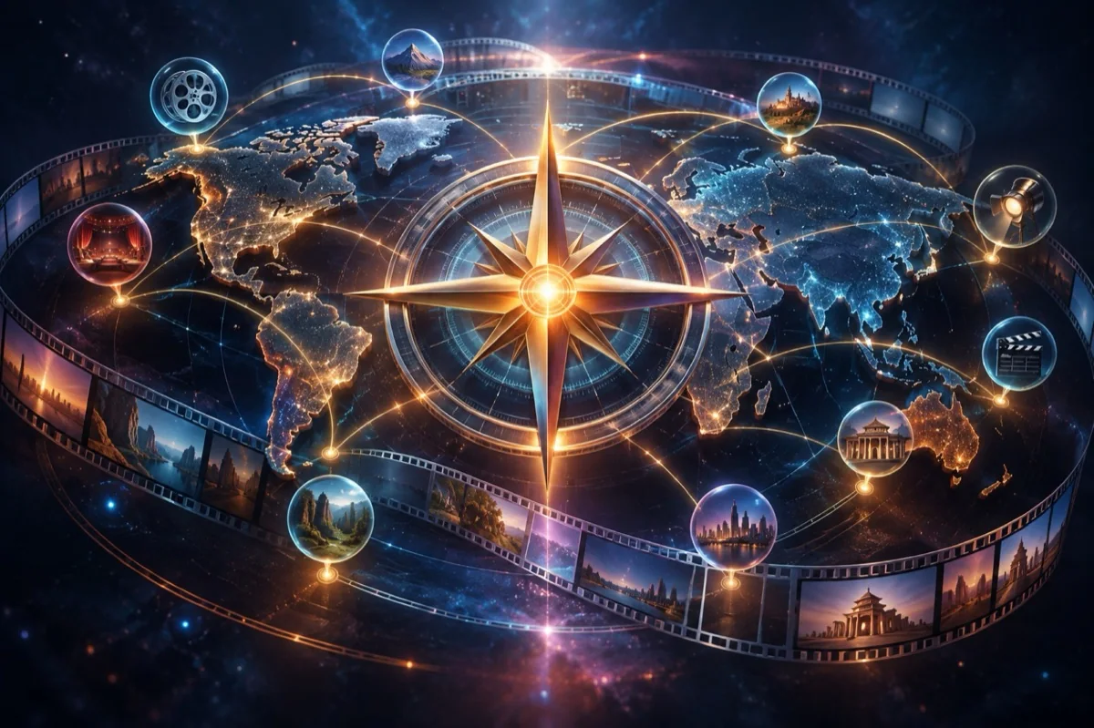 A luminous compass connecting film opportunities across a global map
